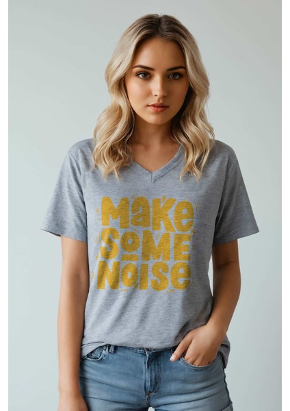 Make Some Noise Baskılı V Yaka Tişört - Gri Melanj