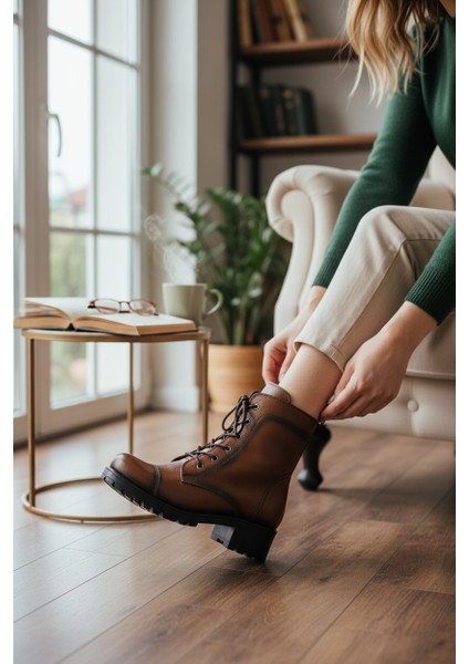 Hakiki Deri Taba Fermuarlı & Bağcıklı Kadın Bot