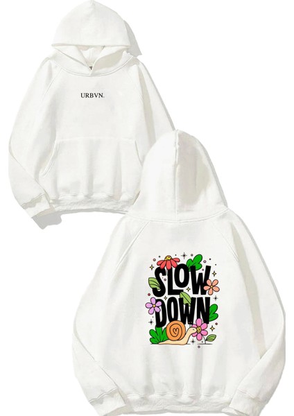 Slow Down Tasarım Baskılı Oversize Beyaz Kapüşonlu Sweatshirt