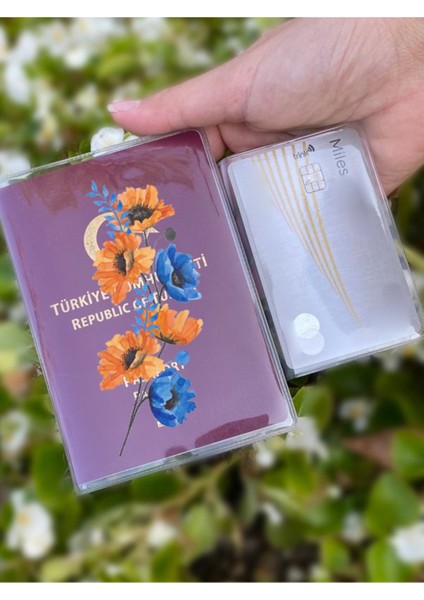 Mavi Turuncu Buket Desenli Universal Şeffaf Pasaport Kılıfı Model Tüm Ülke Pasaportlarına Uygun