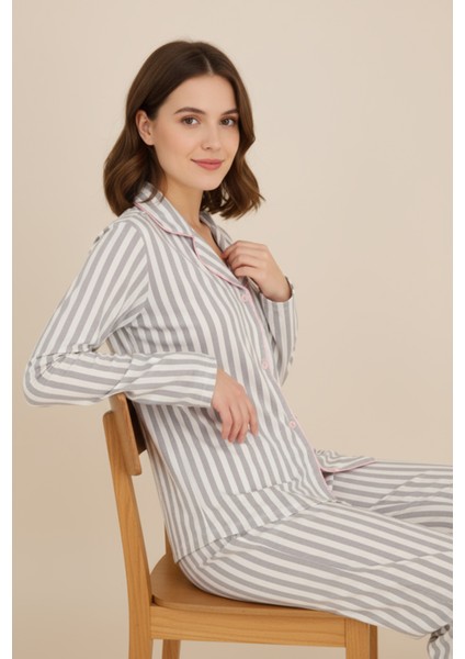Luxury Viscose Gri Çizgili Kadın Uzun Kollu Pijama Takımı – 42547