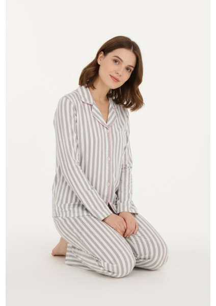 Luxury Viscose Gri Çizgili Kadın Uzun Kollu Pijama Takımı – 42547 fiyatları