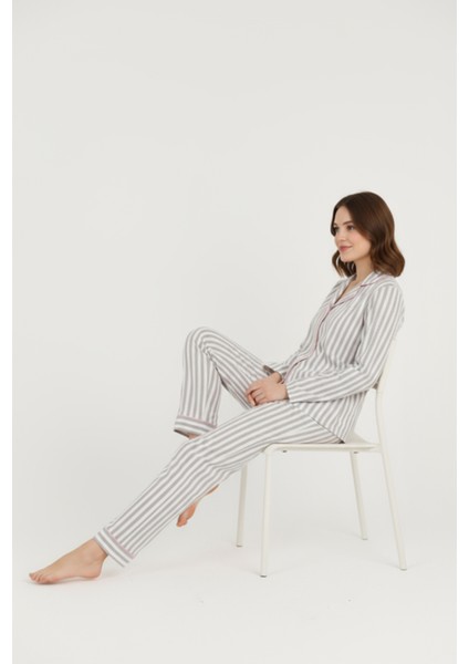 Luxury Viscose Gri Çizgili Kadın Uzun Kollu Pijama Takımı – 42547 fırsatları