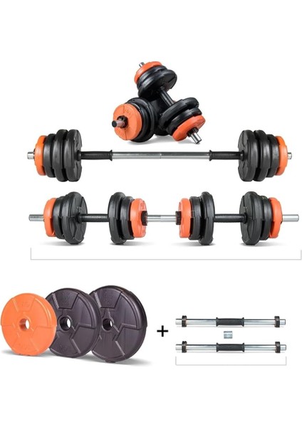 22 kg Multifonksiyonel Turuncu Siyah Halter Seti ve Dambıl Seti