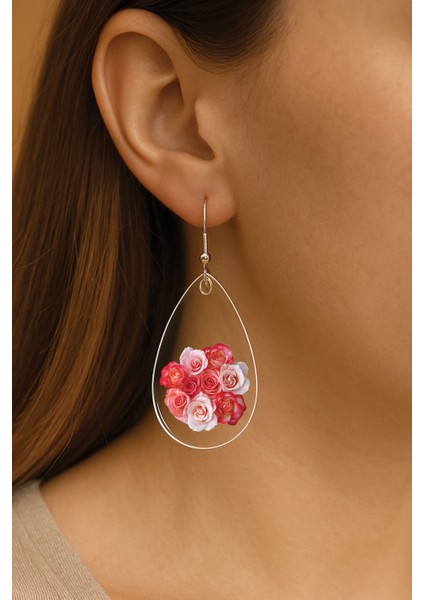 Kadın Küpe Uv-Tasarım Süslü Kancalı Damla Küpe Pembe Güller