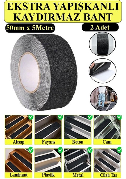 Merdiven Kaydırmaz Bant 2 Adet 5 Metre Zemin Kaymaz Band 5 cm Yapışkanlı Basamak Mermer Beton Fayans Ayakkabı Ahşap Bant