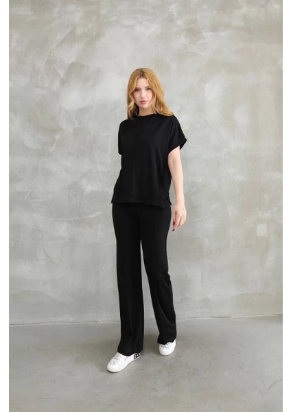 Osy Modal Yumuşak Dokulu Kumaş Bisiklet Yaka Kısa Kollu Takım - Siyah