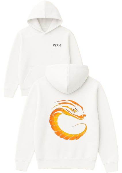 Altın Yılan Tasarım Baskılı Oversize Beyaz Kapüşonlu Sweatshirt