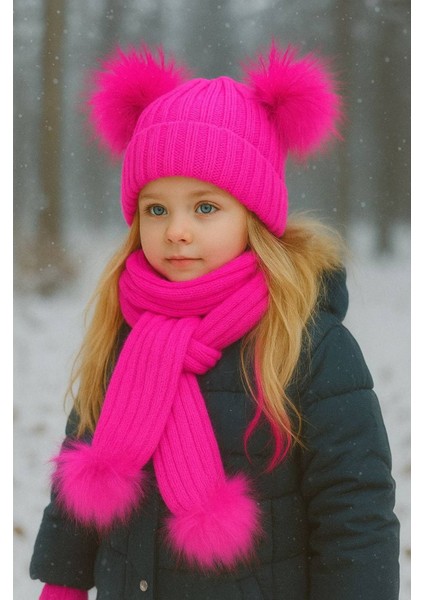 Kız Bebek Çift Ponponlu Atkı Bere Takımı 4/14 Yaş indirimleri