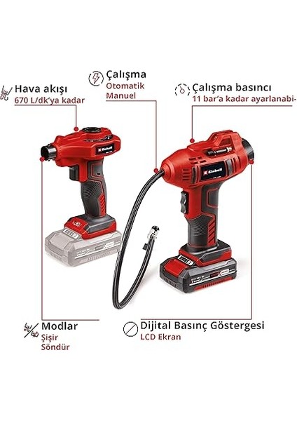 Akülü Araç Hava Kompresörü Ce-Cc 18 Li + Akülü Hava Pompası Ce-Ap 18 Li Power X-Change Set (18 V, Aksesuarlar Dahil, 1x 2.0 Ah Akü ve Şarj Cihazı Dahil) - 2070111 modelleri