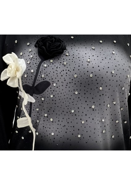 Büyük Beden Çiçek Fiyonklu Taşlı Kapri Kollu Pamuklu Kışlık Kadın Bluz fiyatları