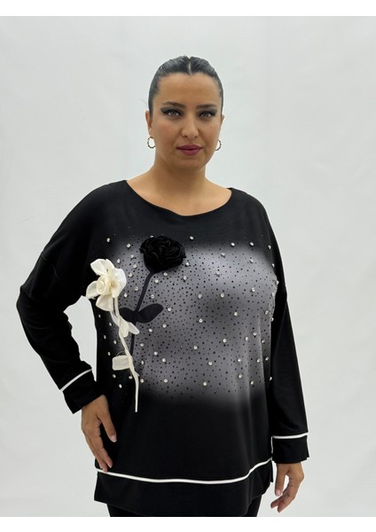 Büyük Beden Çiçek Fiyonklu Taşlı Kapri Kollu Pamuklu Kışlık Kadın Bluz modelleri