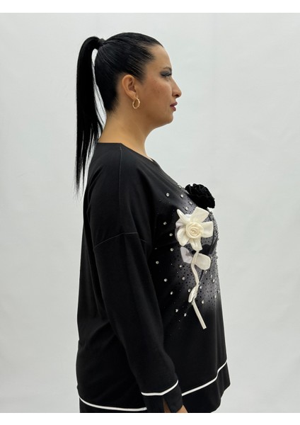 Büyük Beden Çiçek Fiyonklu Taşlı Kapri Kollu Pamuklu Kışlık Kadın Bluz indirimleri
