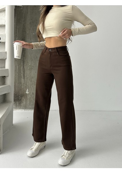 Kadın Yüksek Bel Keten Boyfriend Bol Paça
