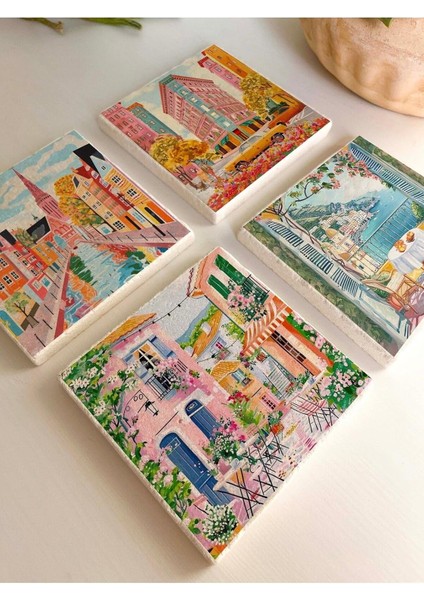 ve Yaz Şehir Temalı Taş Altlıkları - 4’lü Set Çiçekli ve Renkli