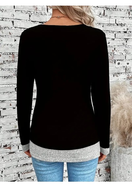 Kadın Uzun Kollu Yuvarlak Yaka Blok Renkli Yandan Düğmeli Viskon Bluz fırsatları