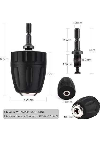 Anahtarsız Matkap Ucu Mandren Klipsi W / 1/4 Altıgen Şaft Çubuk Adaptörü 3/8-24UNF 0,8-10MM modelleri