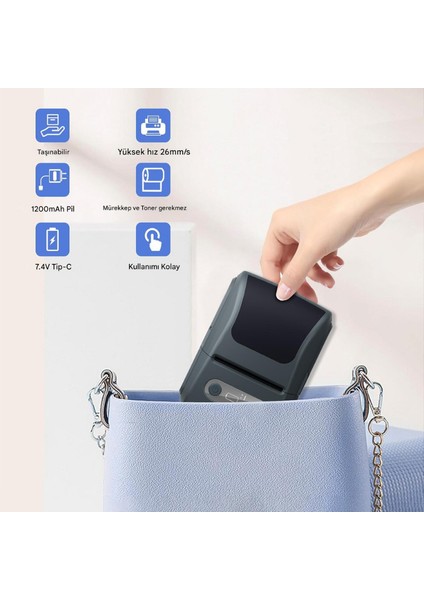 Mpı P1 Termal Yazıcı Etiket Yazıcısı Kablosuz Mini Taşınabilir Bluetooth, USB Şarjlı, Android, iOS