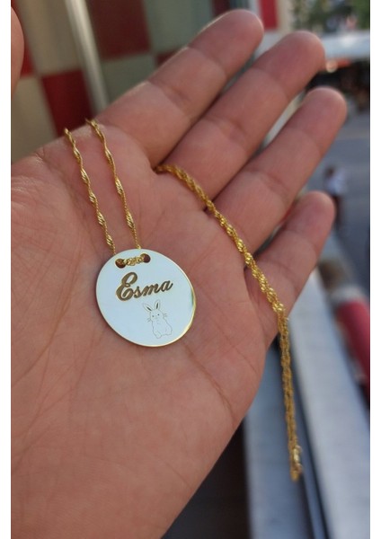 925 Ayar Gümüş 24 Ayar Altın Kaplama Isimli ve Hayvan Figürlü Plaka Kolye