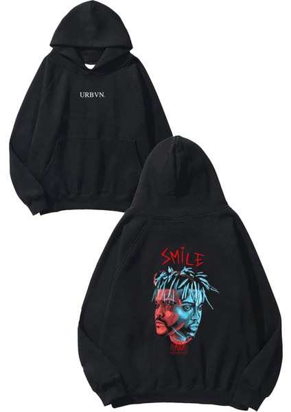 Smile Xo Tasarım Baskılı Oversize Siyah Kapüşonlu Sweatshirt