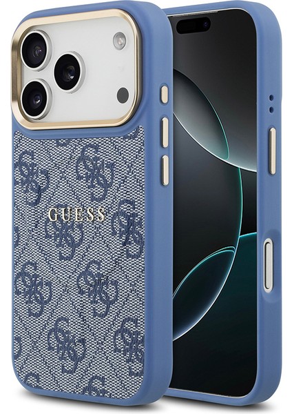 iPhone 17 Pro Uyumlu Kılıf Guess Lisanslı M-Safe Şarjlı Gold Kamera Çerçeve Pu Deri Yazı Logolu Mavi
