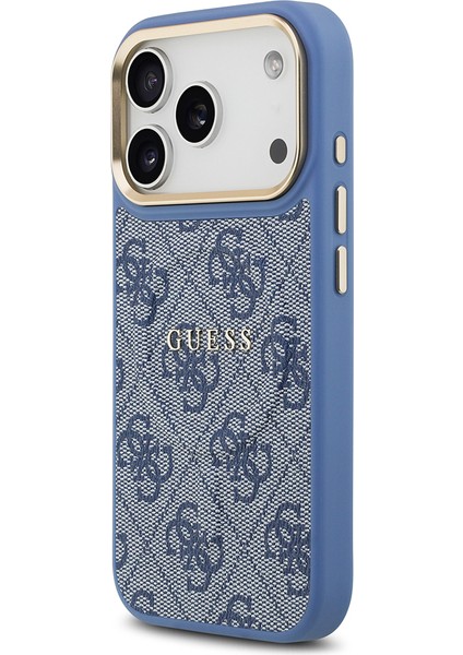 iPhone 17 Pro Uyumlu Kılıf Guess Lisanslı M-Safe Şarjlı Gold Kamera Çerçeve Pu Deri Yazı Logolu Mavi fiyatları