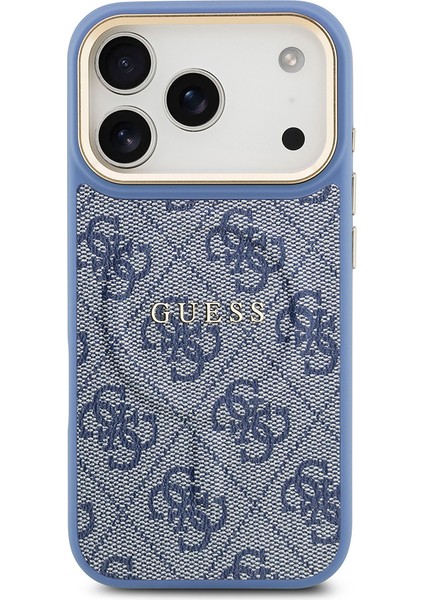 iPhone 17 Pro Uyumlu Kılıf Guess Lisanslı M-Safe Şarjlı Gold Kamera Çerçeve Pu Deri Yazı Logolu Mavi modelleri