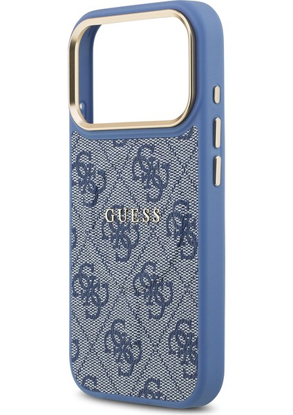 iPhone 17 Pro Uyumlu Kılıf Guess Lisanslı M-Safe Şarjlı Gold Kamera Çerçeve Pu Deri Yazı Logolu Mavi