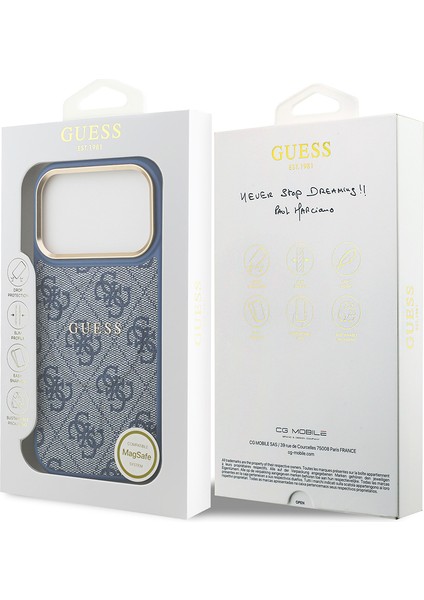 iPhone 17 Pro Uyumlu Kılıf Guess Lisanslı M-Safe Şarjlı Gold Kamera Çerçeve Pu Deri Yazı Logolu Mavi