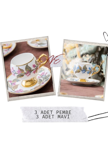 Renkli Fincan Takımı Pembe Mavi 6 Kişilik