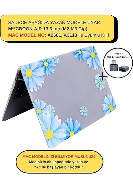 Macbook Air Kılıf 13.6 Inç M2-M3-M4 Çip FLOWER07NL (13.6" Air) A2681 A3113 A3240 ile Uyumlu Açık Mavi fiyatları