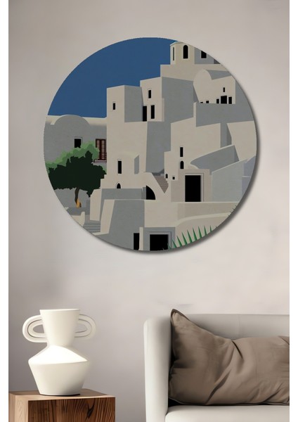 Dekoratif Ahşap Yuvarlak Tablo Santorini Manzarası