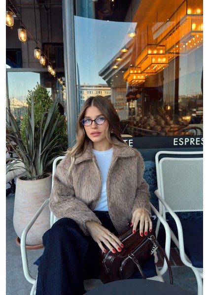 Sütlü Kahve Gömlek Yaka Kürk Dokulu Astarlı Bomber Ceket