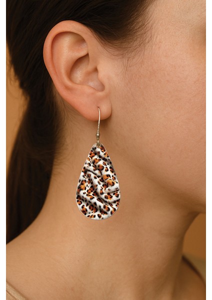 Kadın Küpe Bijuteri Özel Tasarım Desenli Ikili Kancalı Damla Küpe Sarı Leopar