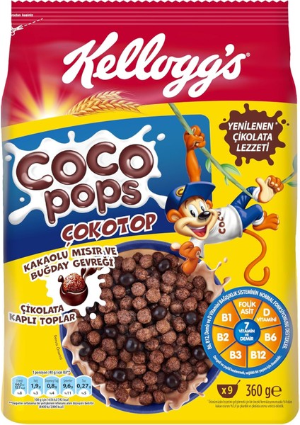 Kellogg's Coco Pops Çokotop Çikolata Kaplı Tahıl ve Buğday Gevreği 360 Gr,lif,demir ve 6VITAMIN KAYNAĞI,%100 Pancar Şekeri,d Vitamini,kalsiyum,folik Asit ve Demir Içerir,en Az %40 Kakao Içerir fiyatları