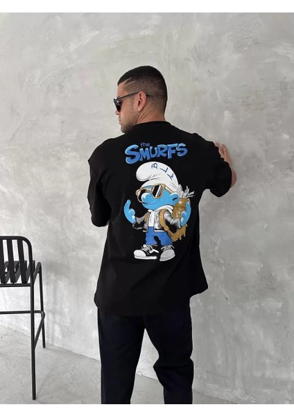 Ön ve Arka Baskılı Oversize Bisiklet Yaka T-Shirt- Siyah fırsatları