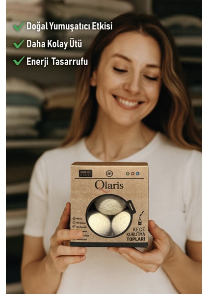 Qlarıs Keçe Çamaşır Kurutma Topu Vegan Amber Esansiyel Parfüm Hediyeli modelleri