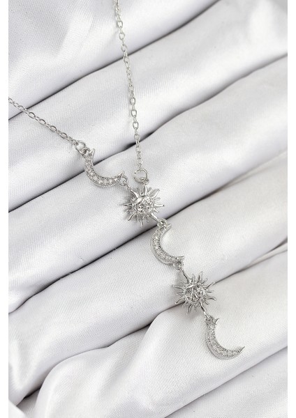 316L Çelik Zirkon Taşlı Güneş Ve Ay Model Gümüş Renk Kadın Kolye
