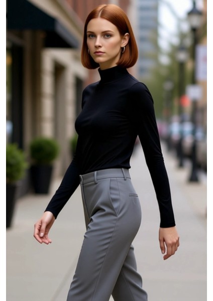 Kadın Bordo Dik Yaka Uzun Kollu Fitted Örme Bluz Smart Casual Kış Koleksiyonu Için Ideal Bir Seçenek