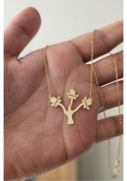 925 Ayar Gümüş 24 Ayar Altın Kaplama 3 Isimli Çınar Kolye