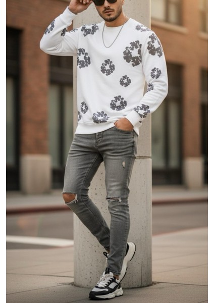 Karly Iki Iplik Çiçek Baskılı Bisiklet Yaka Slim Fit Unisex Sweatshirt