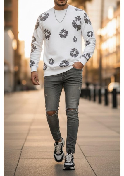 Karly Iki Iplik Çiçek Baskılı Bisiklet Yaka Slim Fit Unisex Sweatshirt fiyatları