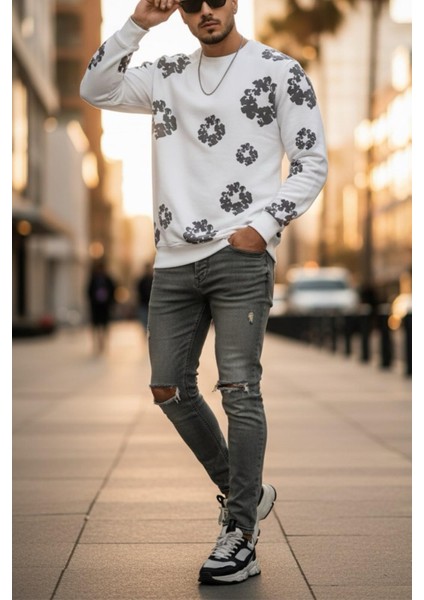 Karly Iki Iplik Çiçek Baskılı Bisiklet Yaka Slim Fit Unisex Sweatshirt modelleri