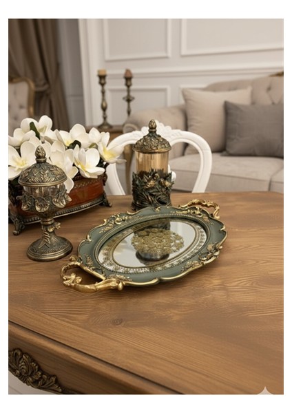 Şık Klasik Oval Aynalı Hediyelik Nişan Sunum Tepsisi