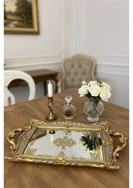 Şık Klasik Oymalı Aynalı Hediyelik Nişan Sunum Tepsisi
