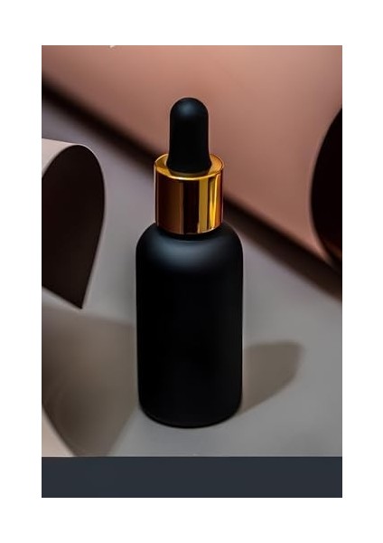 30 ml Mat Siyah Cam Damlalıklı Serum Şişesi 30 cc Renkli Metal Kapaklı Dropper Cam Şişe 2 Adet (Gold Yüzük | Siyah Lastik)