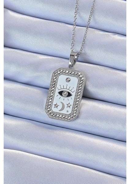 316L Çelik Zincir Gümüş Renk Mineli Zirkon Taşlı Göz Figür Tarot Kolye
