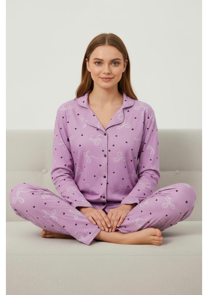 Süet Gömlek Pijama Takımı 7108 Çiçekli Pembe