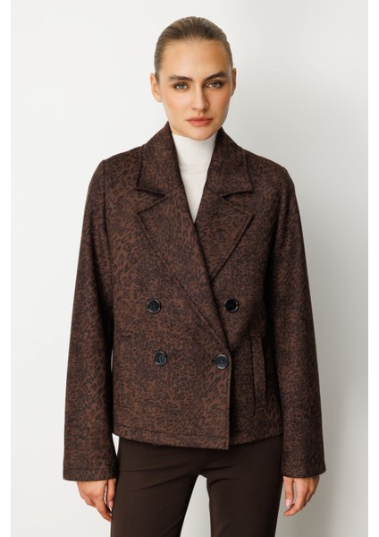 Kadın Kruvaze Yaka Desenli Mont 8021 Leopar