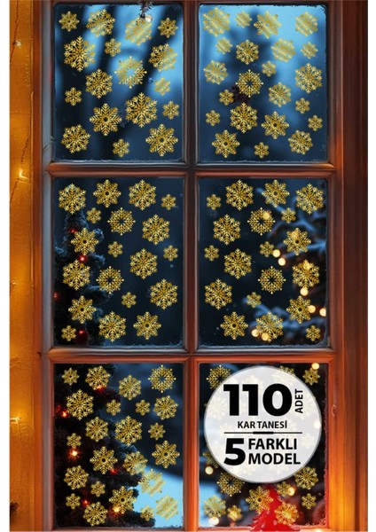 Gold Kar Tanesi Sticker Seti, 110 Adet Yılbaşı Gold/Altın Renkli Kar Taneleri Sticker Seti, Kar Tanesi Dekorasyon Sticker, Kar Tanesi Yılbaşı Süsü